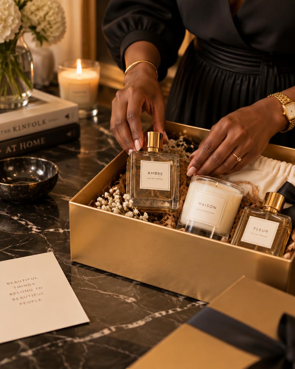 Hands arranging perfume bottles and a candle into a Kambiannas gift box